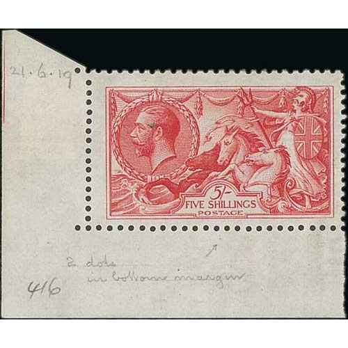 472 - 1919 Bradbury Wilkinson 5/- rose-red, lower left corner marginal single, unmounted mint with full or... 