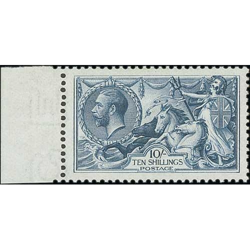 476 - 1919 Bradbury Wilkinson 10/- dull grey-blue, sheet margin at left, well centred, unmounted mint with... 