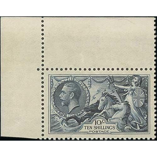 485 - 1934 Re-engraved 10/- indigo, upper left corner marginal single, superb centreing, unmounted mint wi... 