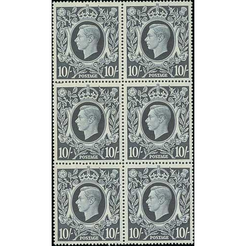 489 - 1939 10/- Dark blue, block of six (2 x 3), unmounted mint. S.G. 478, £1,560. Photo on Page 64.