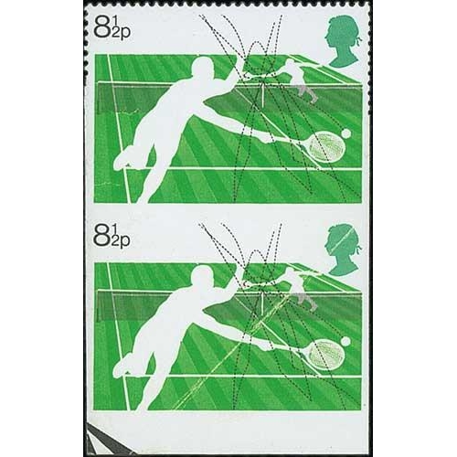 506 - 1977 8½p Lawn Tennis vertical pair, margin at base, variety lower stamp imperforate, upper stam... 