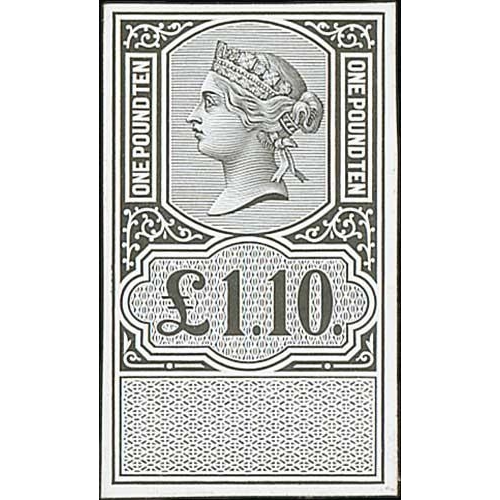 523 - 1872 Unappropriated Die £1.10, £2.10 and £10 die proofs in black on white glazed card... 