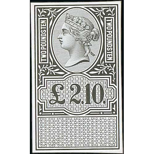 523 - 1872 Unappropriated Die £1.10, £2.10 and £10 die proofs in black on white glazed card... 