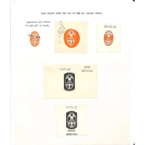 532 - Cheque Stamps. 1902 1d and 2d Embossed cheque stamp die proofs, comprising 1d in vermilion on card, ... 