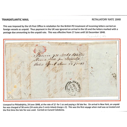 585 - Retaliatory Rate / Late Fee. 1848 (June 24) Entire letter from Liverpool to Philadelphia franked by ... 