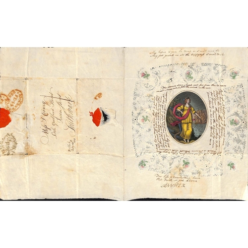 772 - 1801 Valentine lettersheet with a central printed picture of a lady, anchor and ship, hand coloured,... 