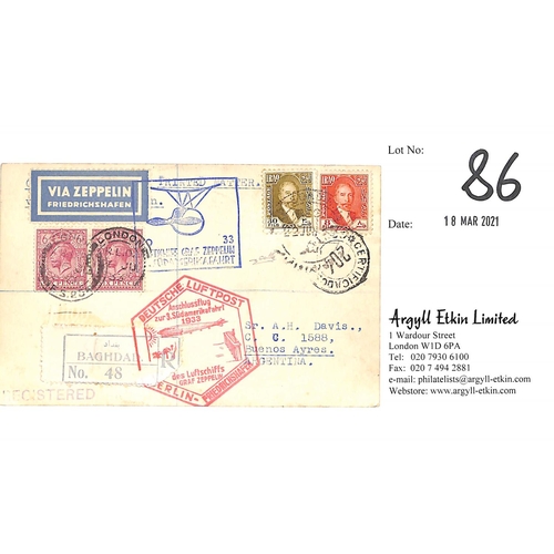 86 - Zeppelin Mail. 1933 (June 22) Postcard registered from Baghdad to Argentina inscribed to go via Lond... 