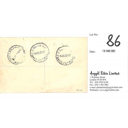 86 - Zeppelin Mail. 1933 (June 22) Postcard registered from Baghdad to Argentina inscribed to go via Lond... 