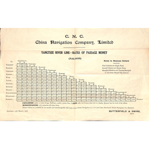 1027 - 1915 Chinese Navigation Co. Ltd wine list, and two 1918 flyers giving rates of passage on the Yangtz... 