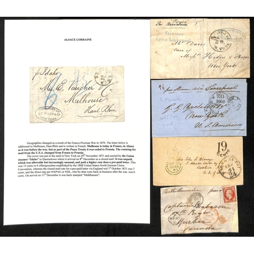 1055 - 1847-74 Stampless entire letters or covers from USA to France (4) or Alsace, France (5) or Switzerla... 