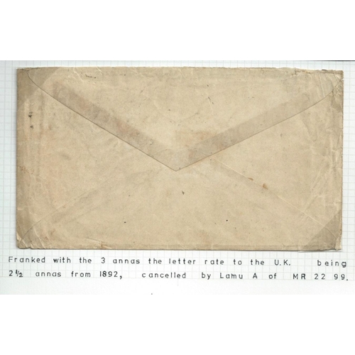 1196 - 1899-1903 Covers bearing Small Queen issues, the first from Lamu to London franked 3a, the second fr... 