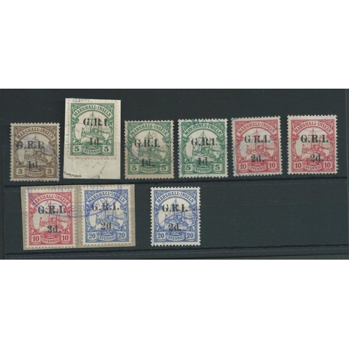 1248 - 1914-15 G.R.I Surcharges on Marshall Islands stamps, the used selection comprising 1d on 3pf, 1d on ... 