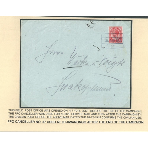 1332 - 1915 Covers posted by civilians within South West Africa franked 1d, cancelled by violet boxed F.P.O... 