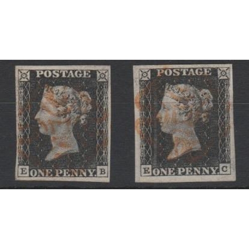 222 - 1840 1d Blacks, plate 1b EB and EC both with four margins, used with red Maltese Crosses, EC superb ... 