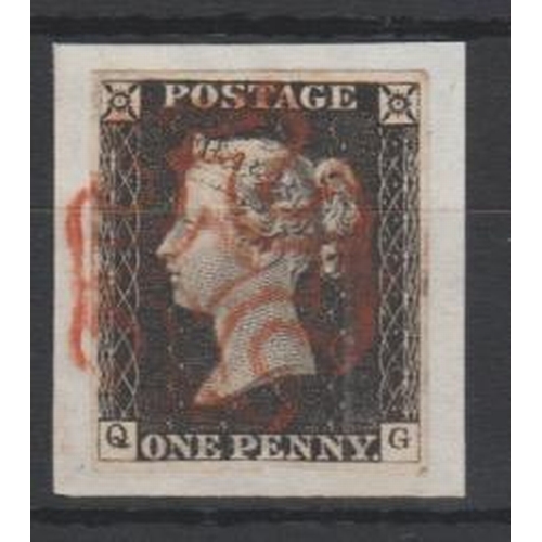 227 - 1840 1d Black, QG plate 2, good margins, superb used on small piece, tied by red Maltese Cross. Phot... 