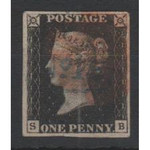 236 - 1840 1d Intense black, SB plate 6, good margins, cancelled by a red Maltese Cross and blue boxed 