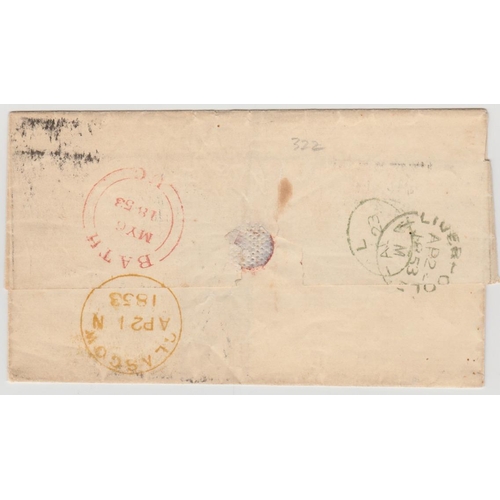 322 - Canada. 1853 (Apr 21) Entire from Glasgow to Canada bearing an imperf 1d red-brown (faults) cancelle... 