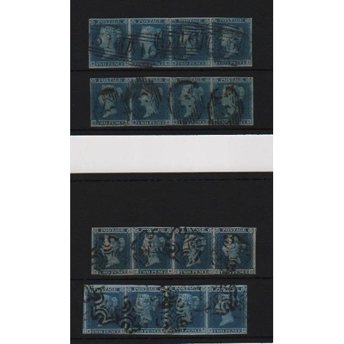 334 - 1841 2d Blues, plate 3 strips of four all with four margins, PD-PG and CA-CD with Maltese Cross canc... 