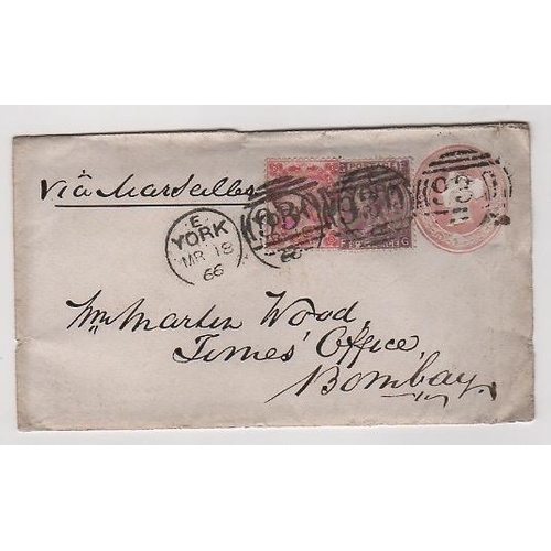 367 - 1866 1d Pink postal stationery envelope from York to India, uprated with 1862 Small Lettering 3d and... 