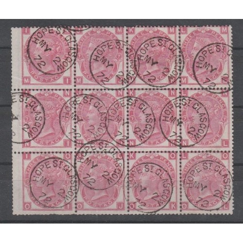 372 - 1871 3d Rose plate 7, MI-OL block of twelve each cancelled by Hope St. Glasgow c.d.s, ML with a pull... 