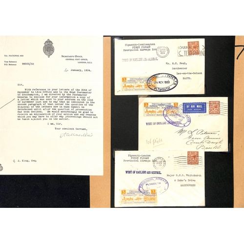 47 - Provincial Airways - West Country Air Service. 1933 Covers, postcards, letters and ephemera, includi... 