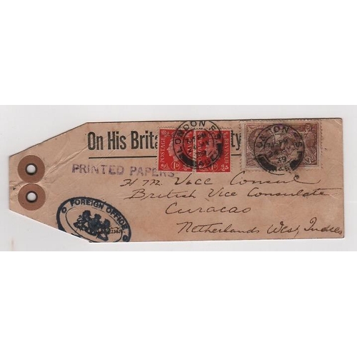 488 - 1939 (May 24) O.H.M.S Parcel tag to the British Vice-Consul in Curacao with 