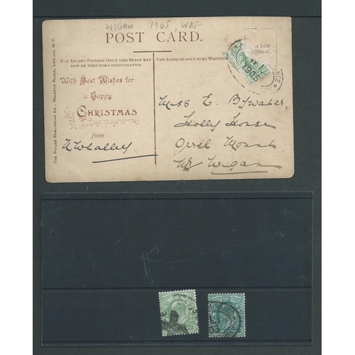 557 - 1903-09 Picture postcards (2, also two with stamps partly or wholly removed), pieces (3) and stamps ... 