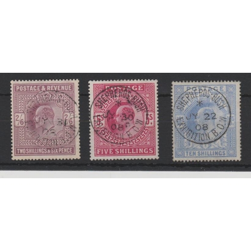 565 - 1908 KEVII 2/6, 5/- and 10/- all with central 