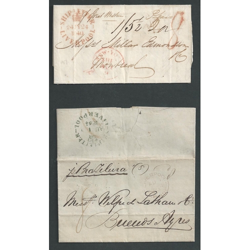 574 - 1826-54 Entire letters from Liverpool, to USA (4), Canada or Argentina, two ship letters prepaid 8d ... 