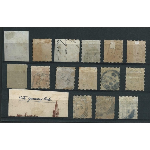 596 - Guernsey / Jersey. 1862-1927 French stamps (18, with six stamps on four pieces) cancelled 