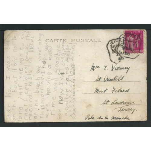 598 - Jersey. 1935-38 Picture postcards to Jersey franked 90c or 1f, and cover to England bearing G.B ... 