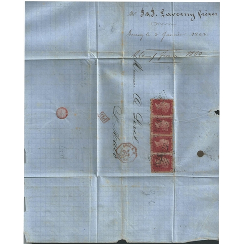 608 - St. Malo. 1863 (Feb 3) Entire letter from Jersey to St. Malo franked 1856-58 1d red perf 14 strip of... 