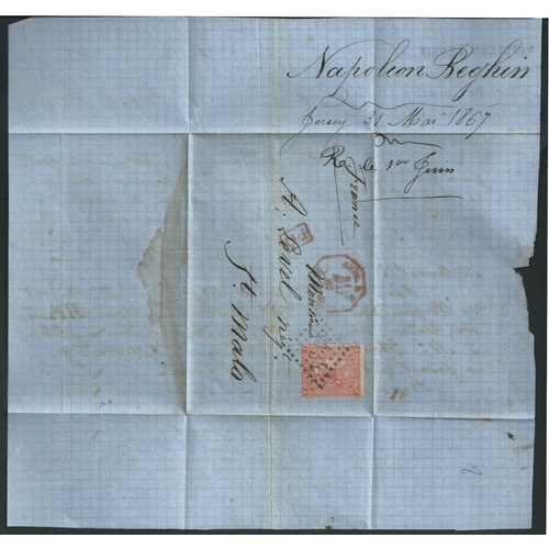 611 - St. Malo. 1867 (May 31) Entire letter from Jersey to St. Malo franked 1866 4d plate 8 cancelled larg... 