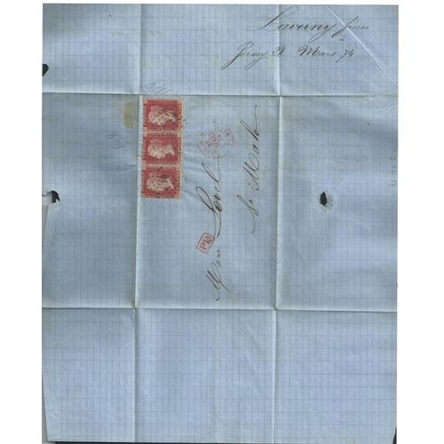 612 - St. Malo. 1874 (Mar 28) Entire letter from Jersey to St. Malo franked 1d red plate 148 strip of thre... 