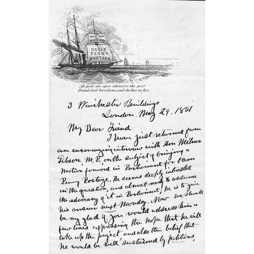 705 - 1851 (May 29) Letter written and signed by Elihu Burritt, on illustrated Ocean Penny Postage notepap... 