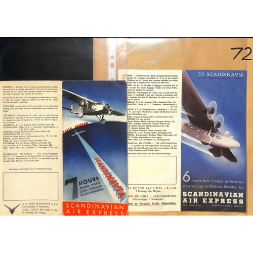 72 - Netherlands / Sweden. 1930-38 KLM Scandinavian Air Express Service advertising leaflets with time-ta... 