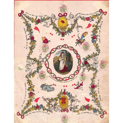 771 - 1797 Printed valentine with a young lady in the centre surrounded by cupids, hearts and flowers, all... 