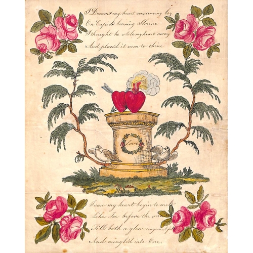 777 - 1816 Handpainted valentine lettersheet depicting entwined hearts on a pedestal entitled 