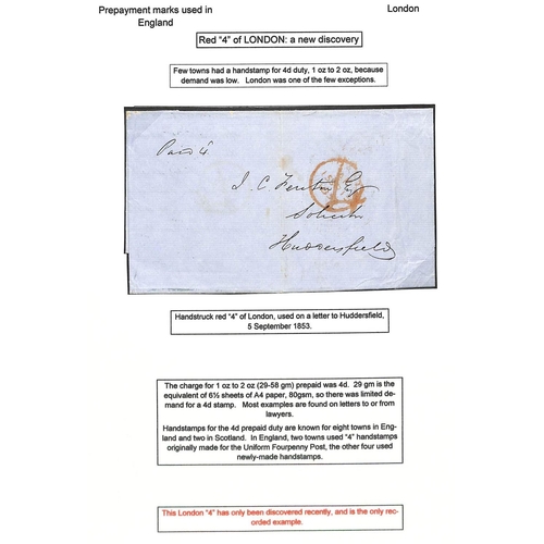 797 - 1853 Entire letter to Huddersfield, over 1oz so prepaid 4d, with a red Paid c.d.s and handstruck 