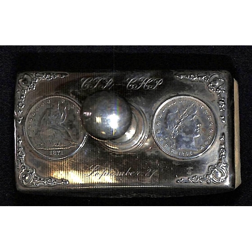 834 - Silver. Blotter with French 1871 and 1896 coins set into the silver lid, decorated embossed borders ... 