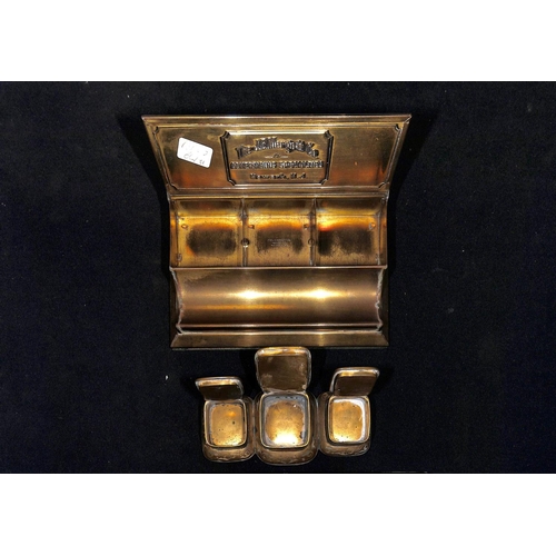 838 - Brass. Large brass desk box with pen tray and three large compartments, the lid embossed 