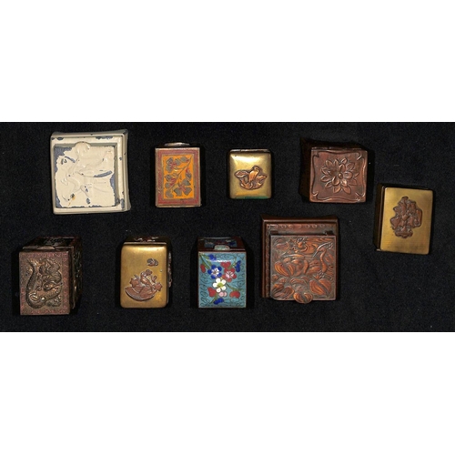 843 - Brass & Base Metal. Chinese or Japanese boxes, various designs featuring dragons, flowers, birds, et... 