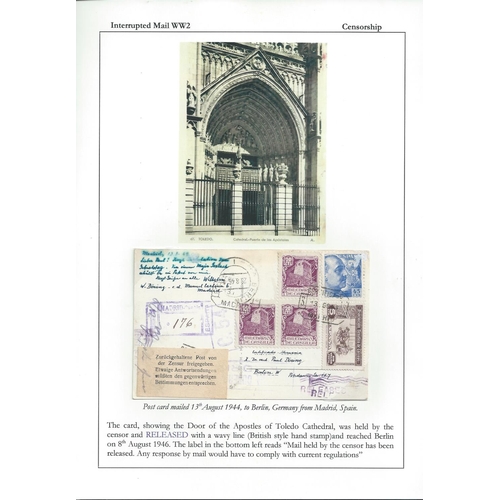 887 - British Censorship - Detained Mail. 1939 Cover from Portugal and 1944 postcard from Spain, both regi... 