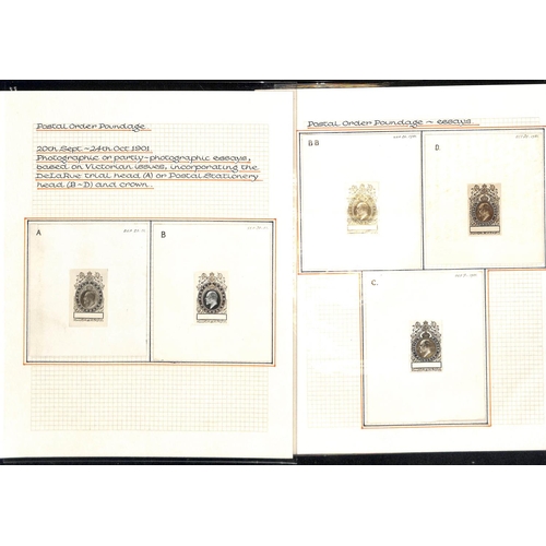 937 - 1901 KEVII Colonial Key Plate Postal Order Poundage Stamp photographic essays each applied to thick ... 