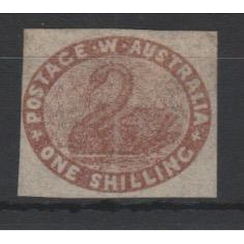 968 - Western Australia. 1854 1/- Deep red brown 4/4, imperf, margins on all sides, unused without gum. S.... 