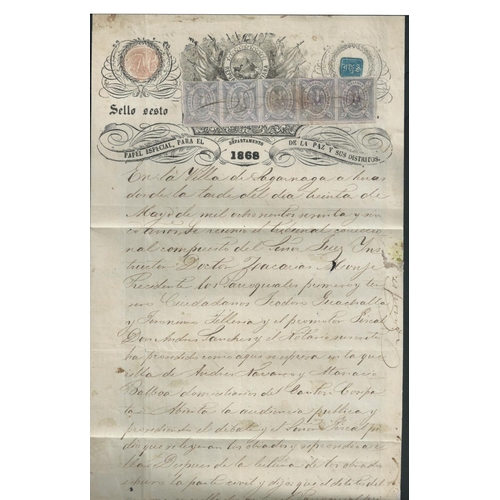 976 - 1868 Revenue documents from Sagarnaga, bearing imperf 5c lilac single + two pairs, or a single 50c b... 