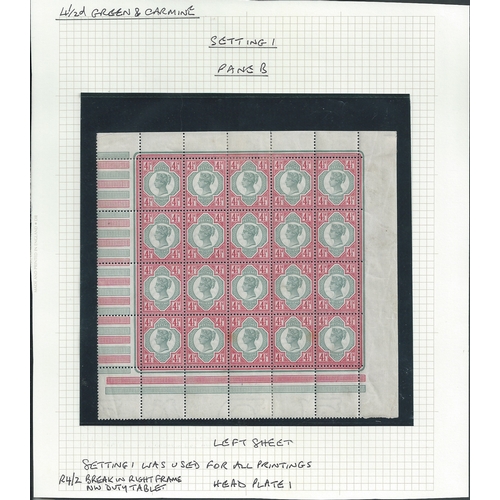 410 - 1892 4½d Green and carmine, complete mint panes of twenty both mounted in the margins only with... 