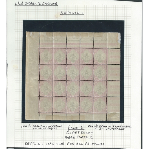 410 - 1892 4½d Green and carmine, complete mint panes of twenty both mounted in the margins only with... 