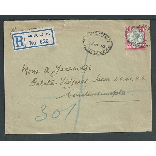 415 - 1910-14 Registered covers franked single QV 1892 4½d, unusual late commercial uses to Switzerla... 