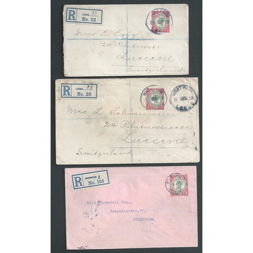 415 - 1910-14 Registered covers franked single QV 1892 4½d, unusual late commercial uses to Switzerla... 